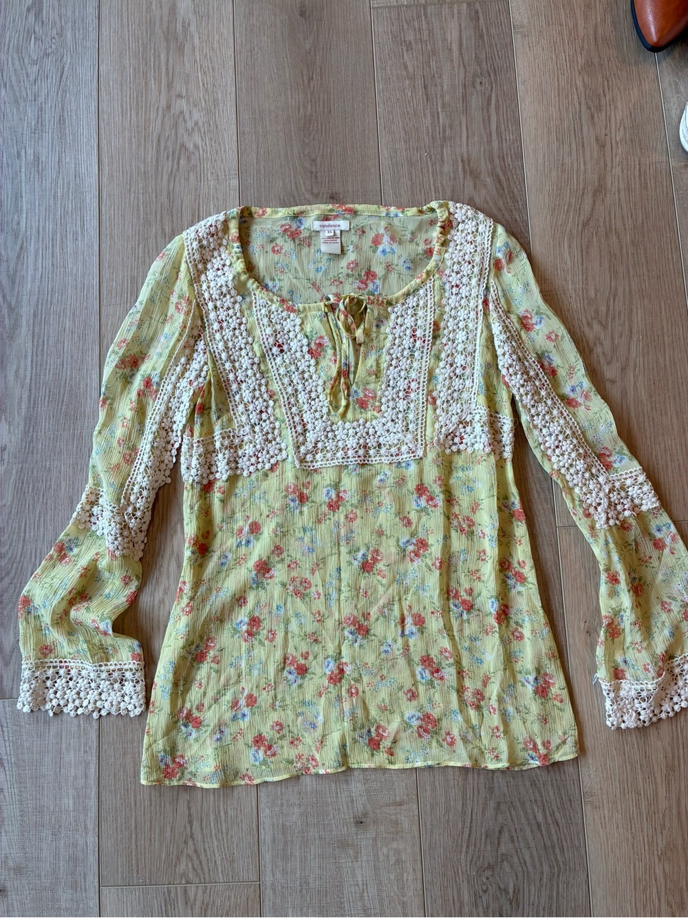 Sundance silk yellow floral shirt lace trim semi sheer fairy peasant oversized